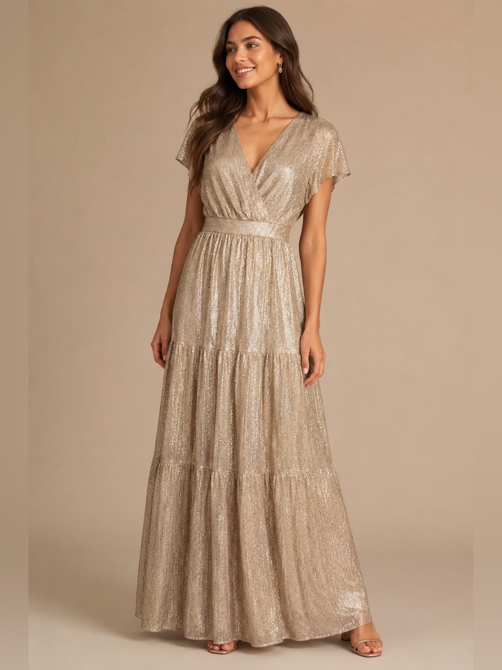 Adrianna Papell Metallic Shimmer Tiered Maxi Dress Champagne Gold Size 6 NWT